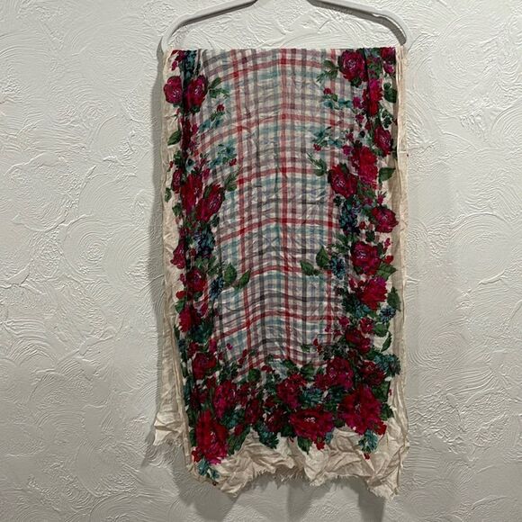 Talbots wool blend floral and plaid lightweight scarf - Picture 1 of 5